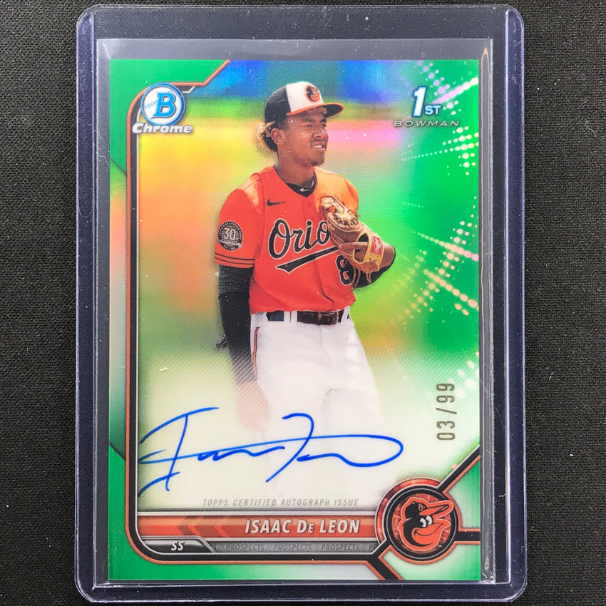 2022 Bowman Chrome Isaac De Leon 1st Bowman Prospect Auto Green Refractor 3/99