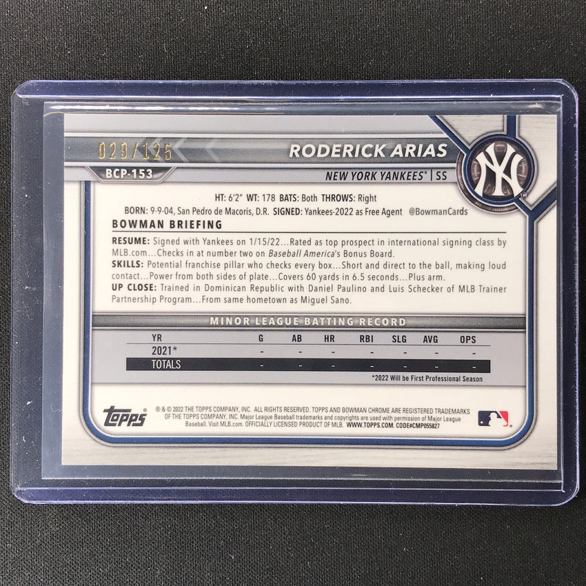 2022 Bowman Chrome Roderick Arias 1st Bowman Prospect Aqua Refractor 29/125