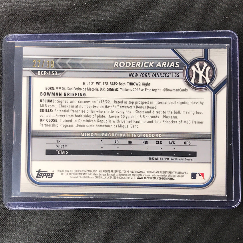 2022 Bowman Chrome Roderick Arias 1st Bowman Prospect Green Refractor 27/99
