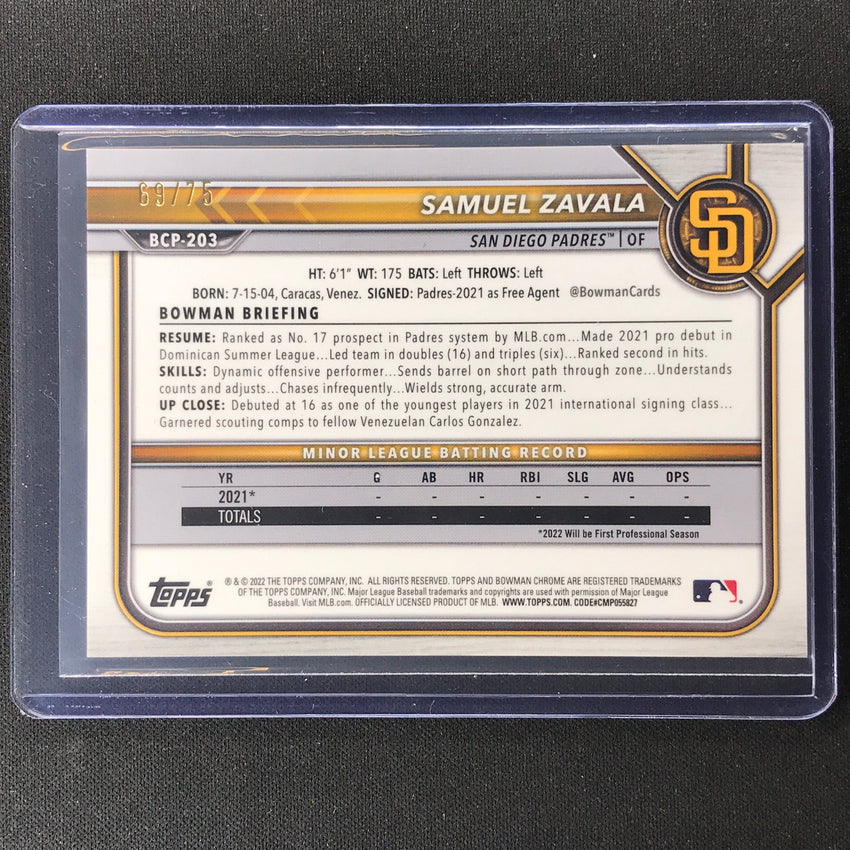 2022 Bowman Chrome Samuel Zavala 1st Bowman Prospect Yellow/orange Vapor 69/75
