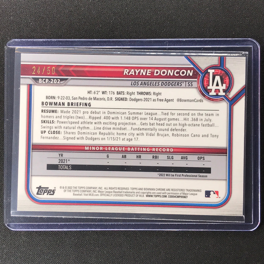 2022 Bowman Chrome Rayne Doncon 1st Bowman Prospect Gold Shimmer 24/50