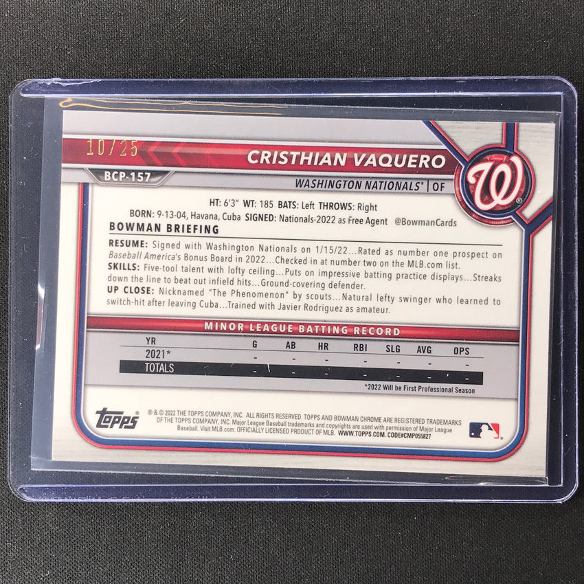 2022 Bowman Chrome Cristhian Vaquero 1st Bowman Prospect Orange Shimmer 10/25
