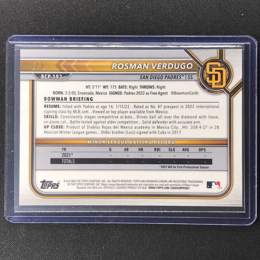 2022 Bowman Chrome Rosman Verdugo 1st Bowman Prospect Black Shimmer 1/1