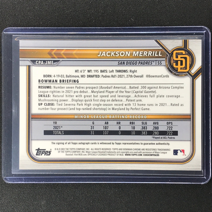 2022 Bowman Chrome Jackson Merrill Bowman Prospect Auto Base No Jme