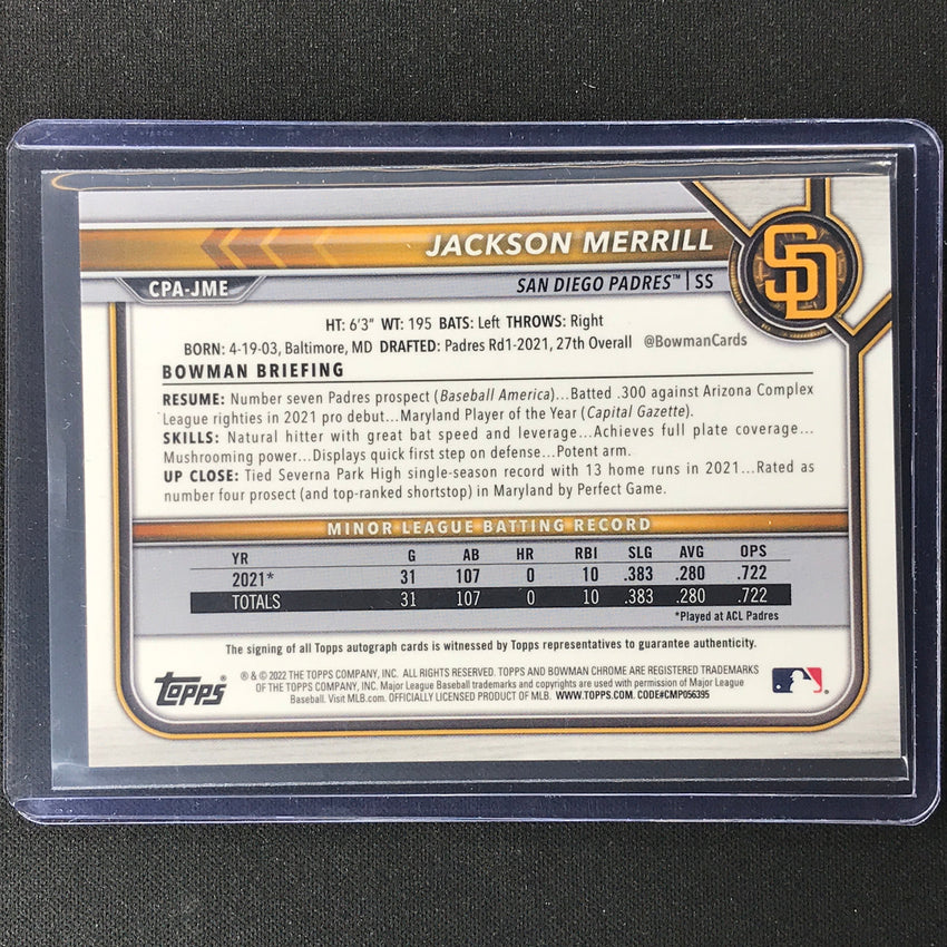 2022 Bowman Chrome Jackson Merrill 1st Prospect Auto Blue Hta Choice 26/150