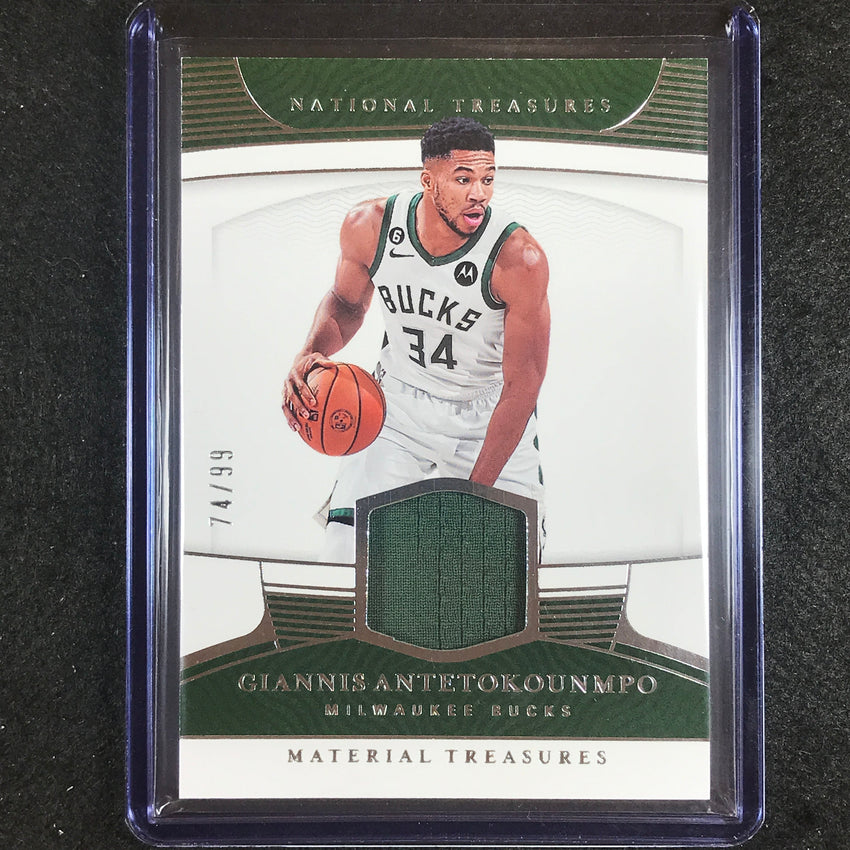 2022-23 National Treasures Giannis Antetokounmpo Material Treasures Jersey 74/99