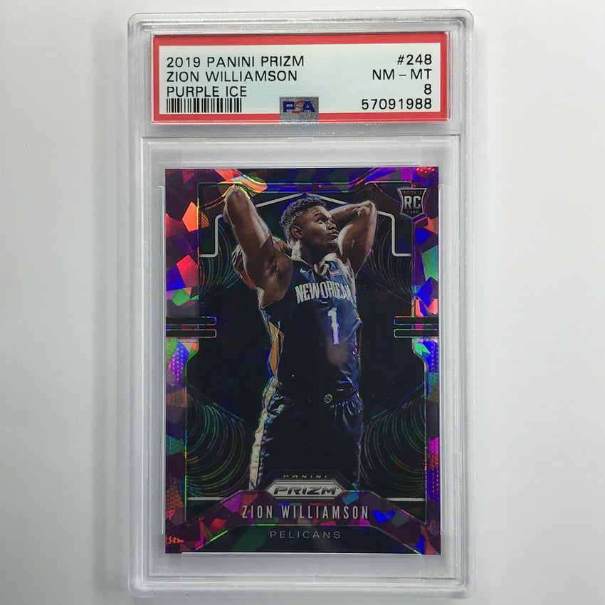2019-20 Prizm Zion Williamson Rookie Purple Ice 132/149 PSA 8
