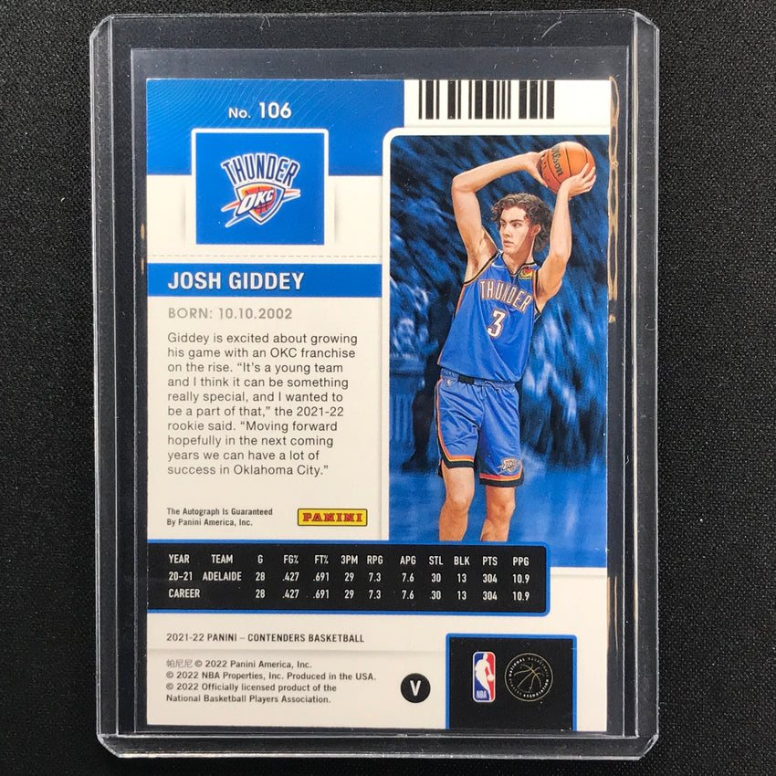 2021-22 Contenders Josh Giddey Rookie Playoff Ticket Variation Auto 3/99