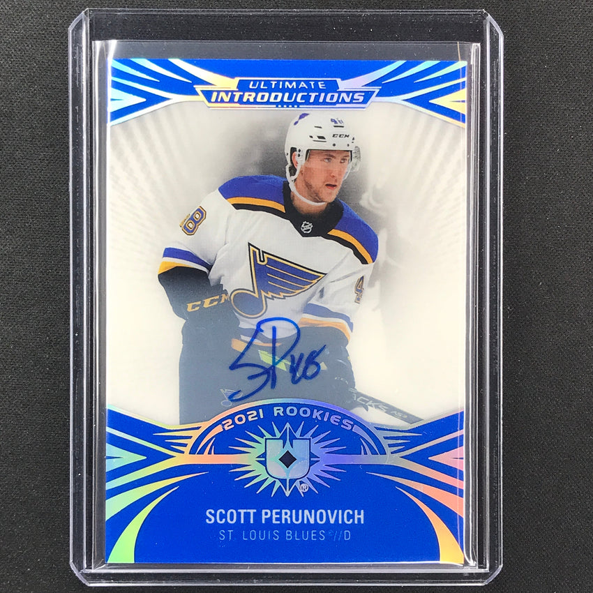2021-22 Ultimate Collection Scott Perunovich Introductions Rookie Auto Blue No 15