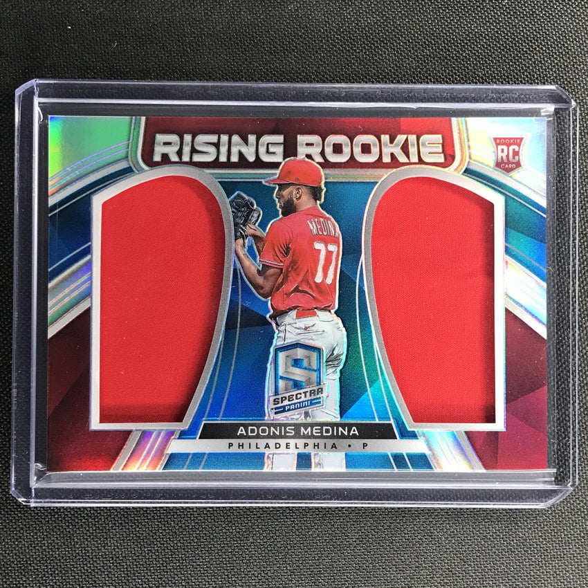 2021 Spectra Adonis Medina Rising Rookie Materials Dual Jersey Neon Blue 6/50