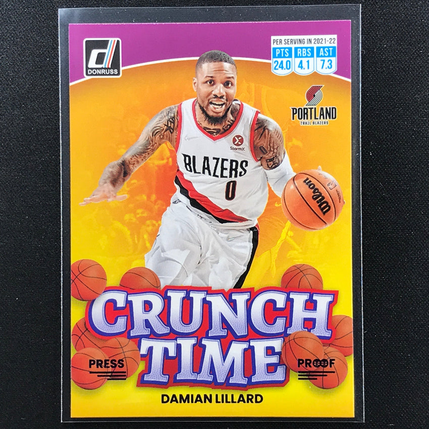 2022-23 Donruss Damian Lillard Crunch Time Purple Press Proof No 13