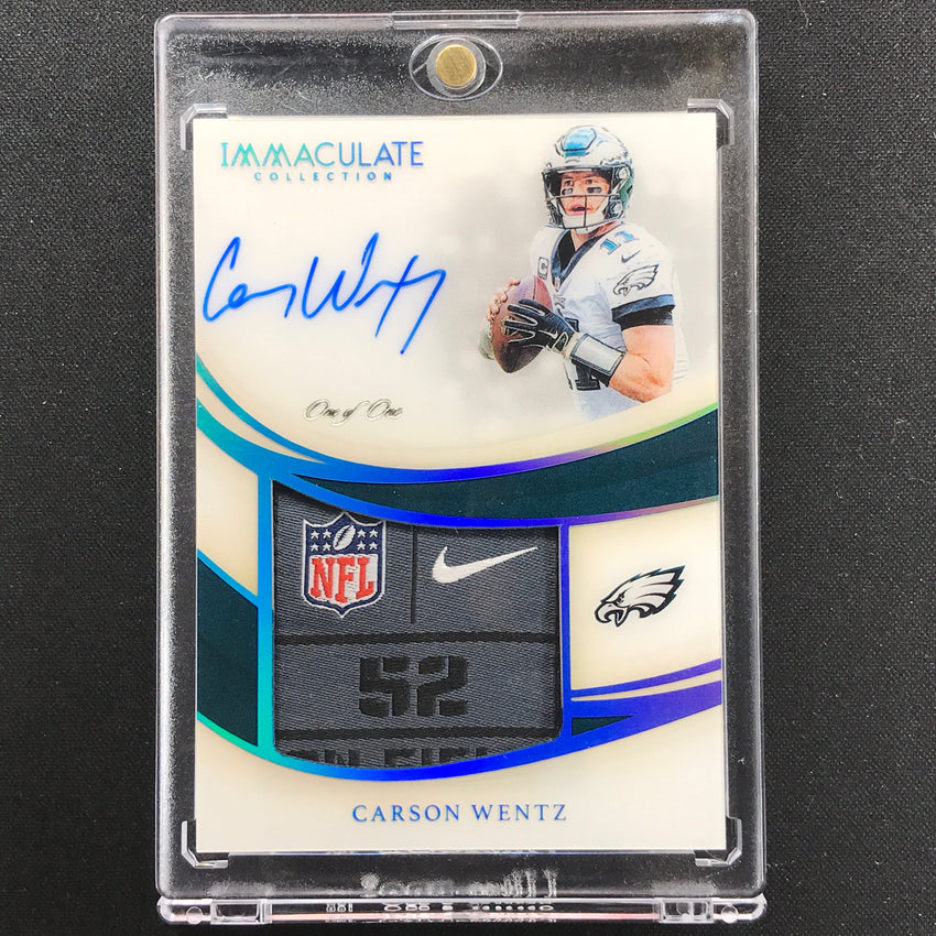 2019 Immaculate Carson Wentz Premium Patch Auto Platinum Laundry Tag 1/1