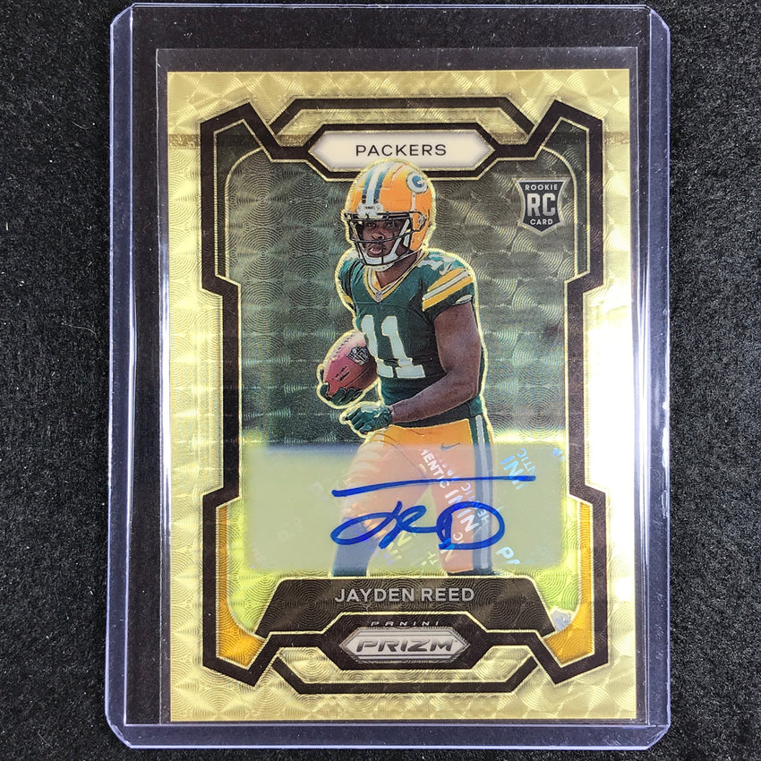 2023 Prizm Football Jayden Reed Base Rookie Auto Gold Vinyl 1/5