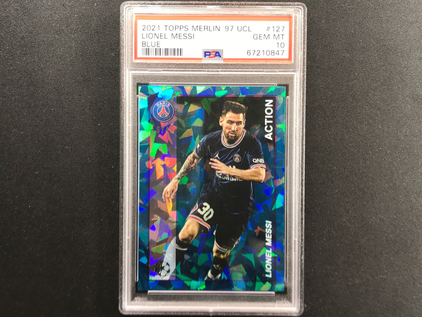 2021-22 Merlin Heritage 97 Ucl Lionel Messi Cracked Ice Blue 16/49 PSA 10 Pop 1