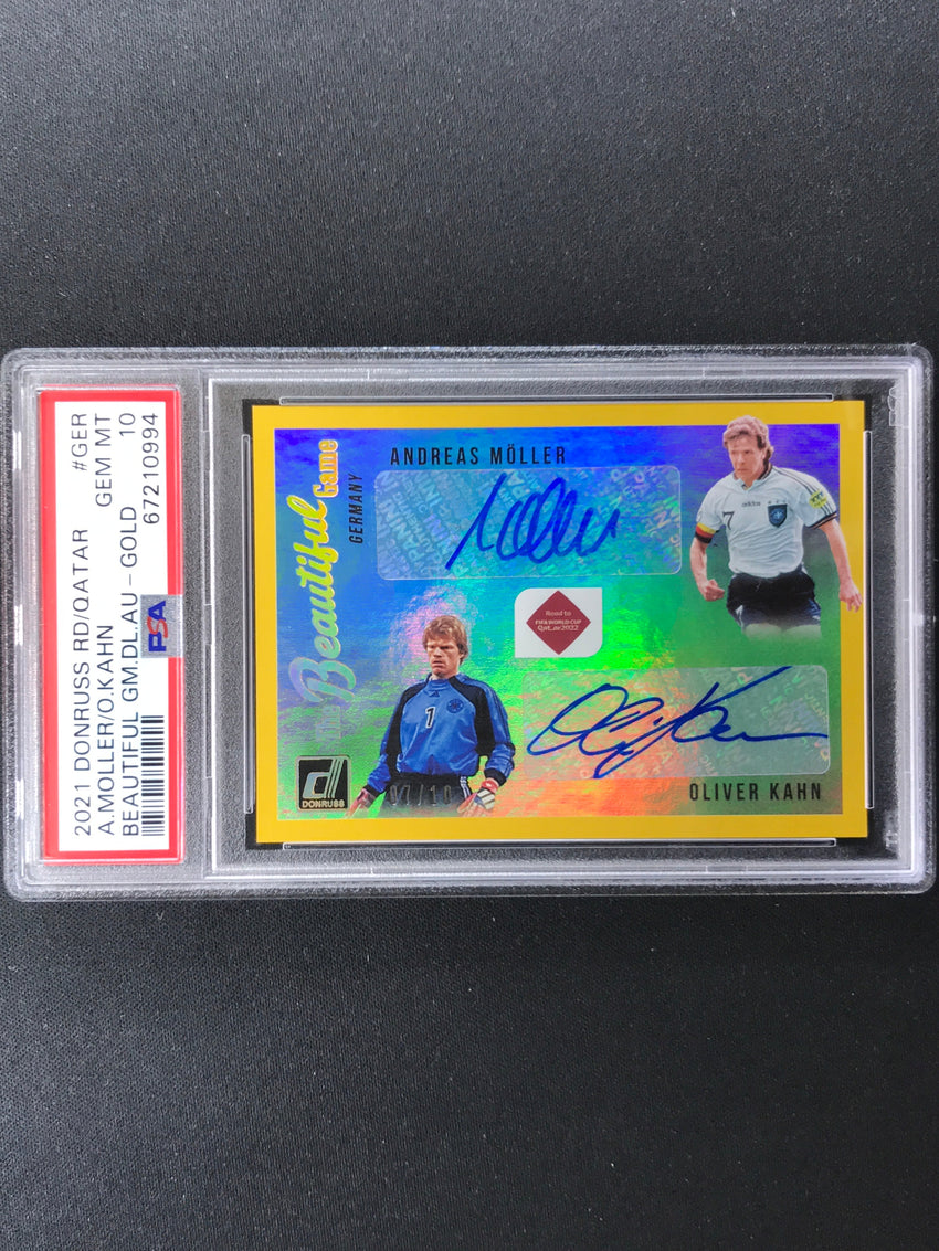 2021-22 Donruss Road To Qatar Moller Oliver Kahn Dual Auto Gold 7/10 PSA 10