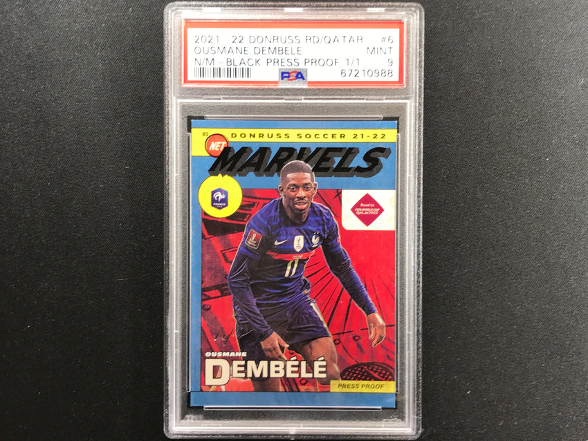 2021-22 Donruss Road To Qatar Ousmane Dembele Net Marvels Proof Black 1/1 PSA 9