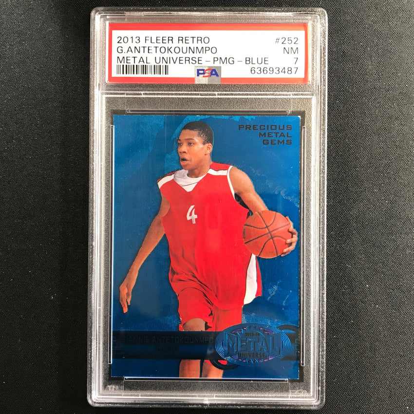 2013-14 Fleer Retro Giannis Antetokounmpo Rookie Metal Gems Pmg Blue 21/50 PSA 7