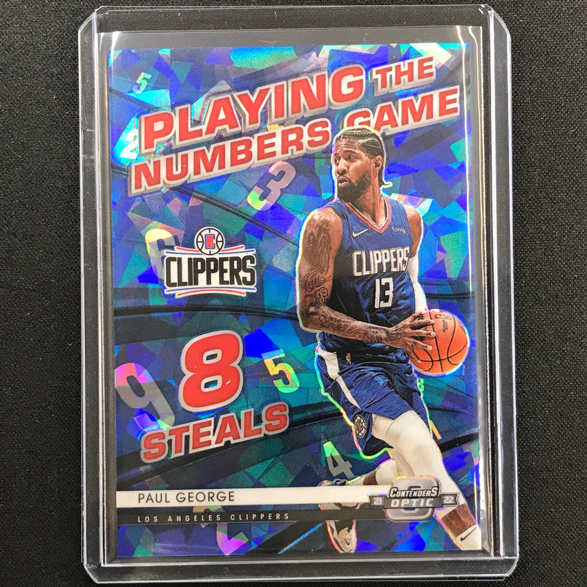 2021-22 Contenders Optic Paul George Playing Numbers Game Blue Cracked Ice 58/75