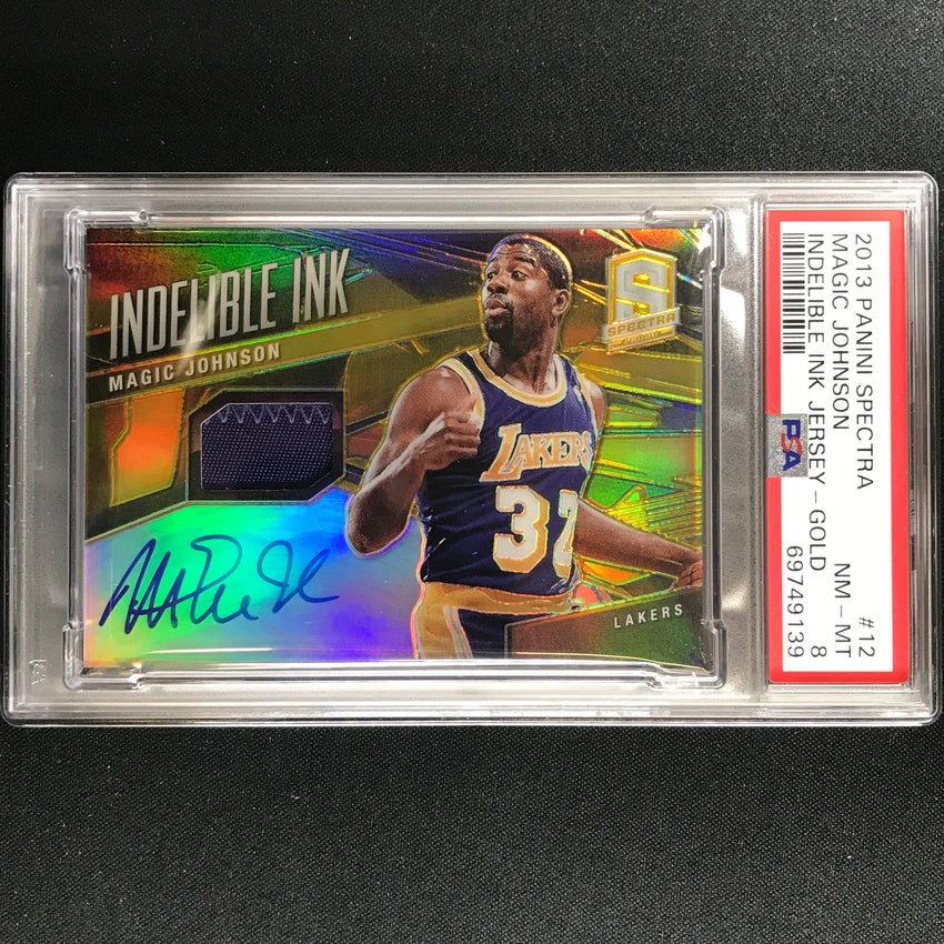 2013-14 Spectra MAGIC JOHNSON Indelible Ink Jersey Patch Auto Gold 2/10 PSA 8