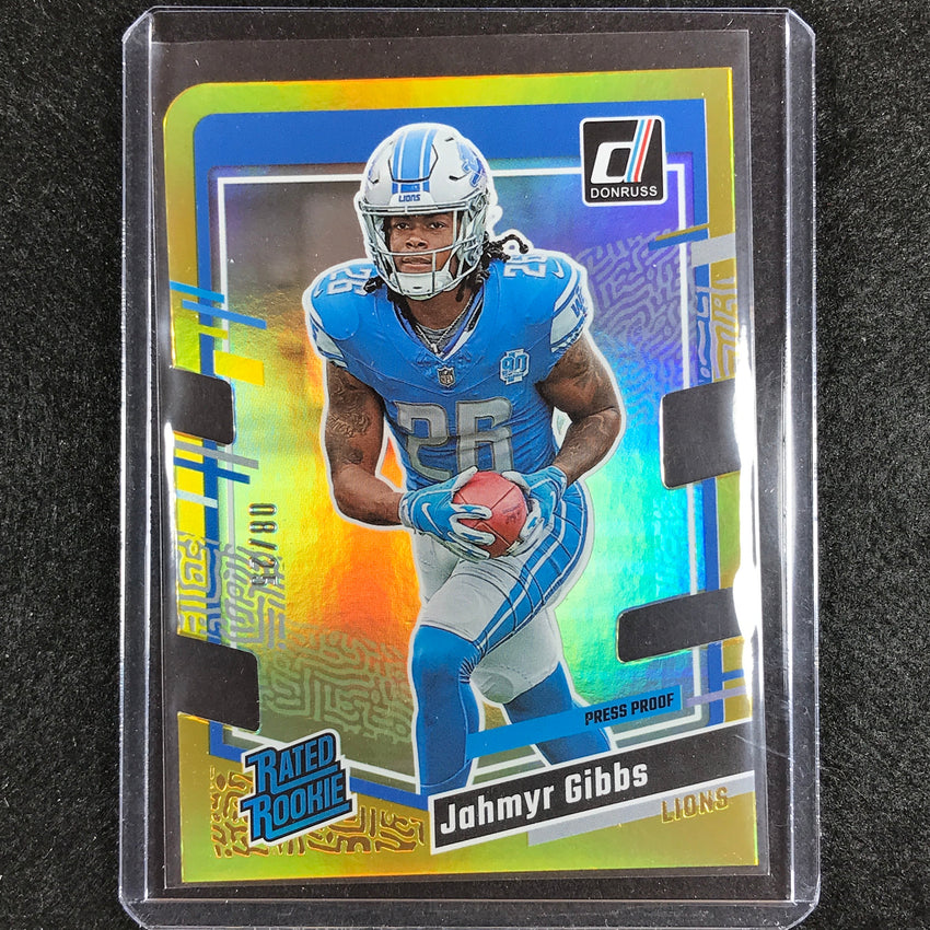 2023 Donruss Football Jahmyr Gibbs Rated Rookie Press Proof Gold Die-cut 8/25