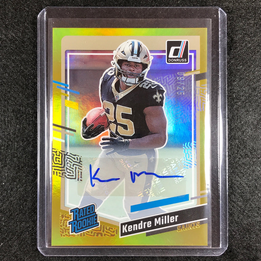 2023 Donruss Football Kendre Miller Rated Rookie Base Auto Gold 9/25