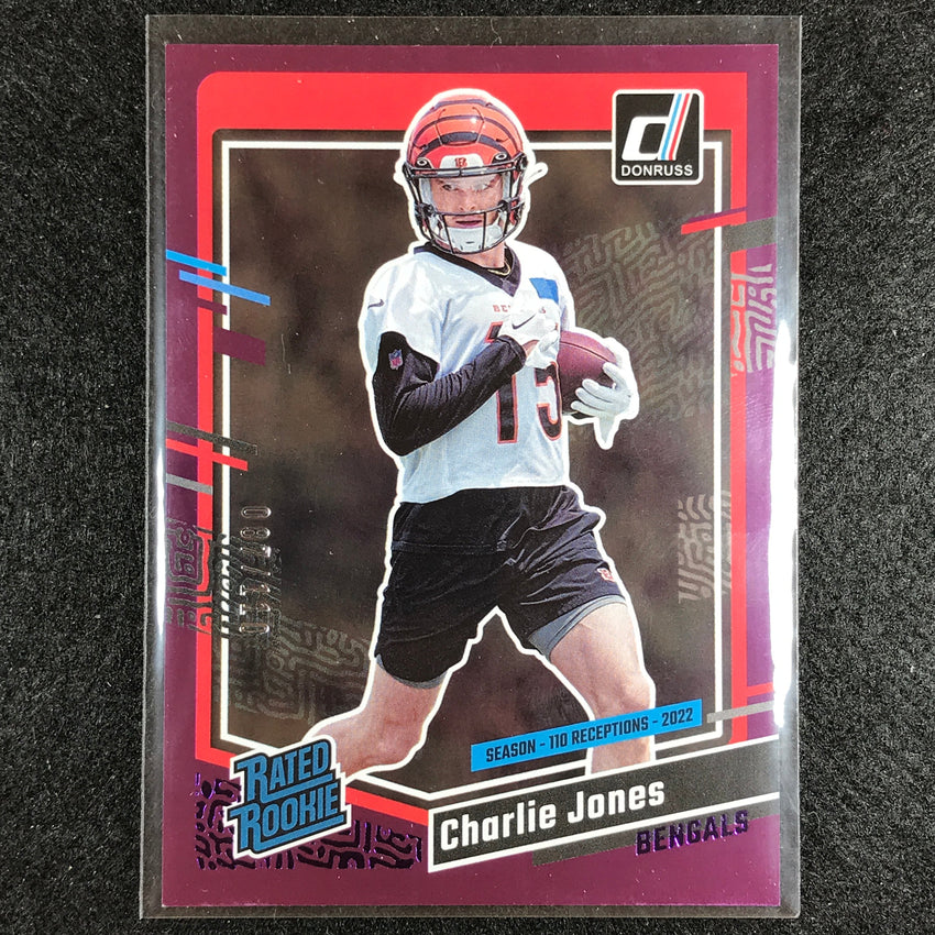 2023 Donruss Football Charlie Jones Rated Rookie Base Season Stat Line 87/110