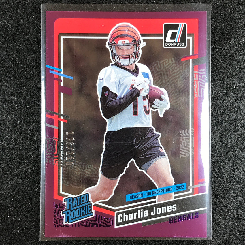 2023 Donruss Football Charlie Jones Rated Rookie Base Season Stat Line 106/110