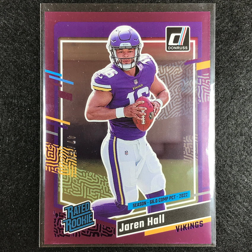 2023 Donruss Football Jaren Hall Rated Rookie Base Season Stat Line 47/66