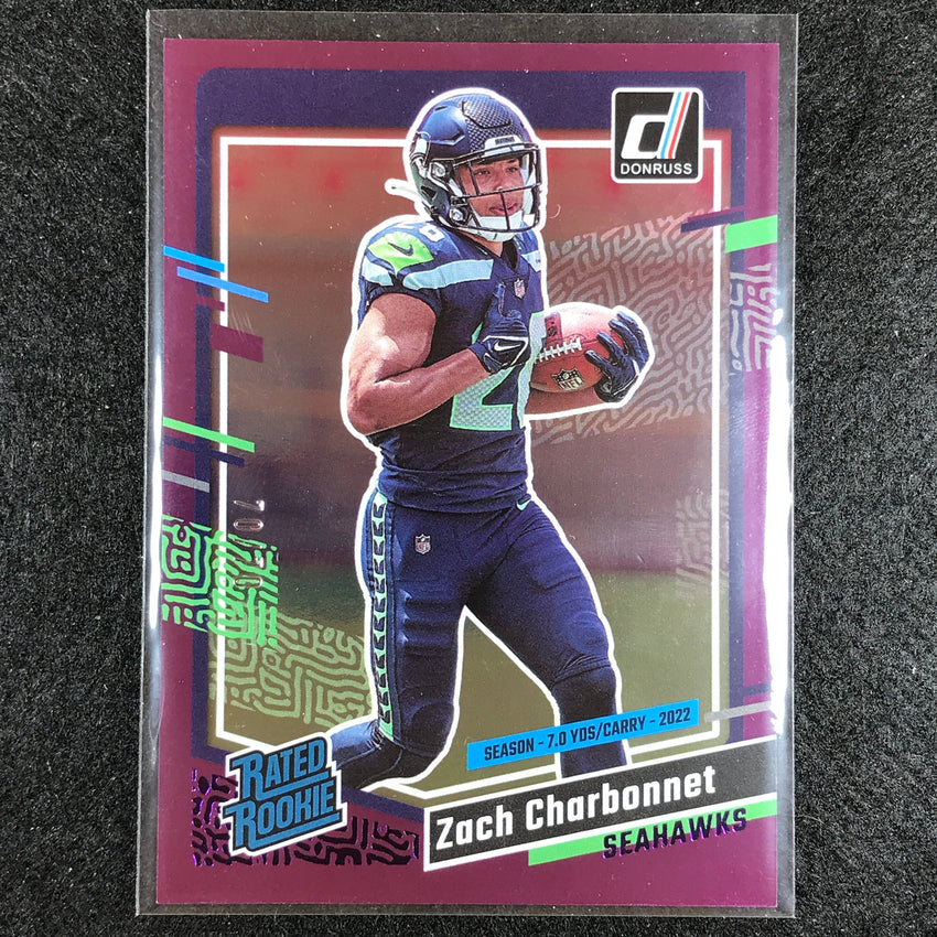 2023 Donruss Football Zach Charbonnet Rated Rookie Season Stat Line 70/70