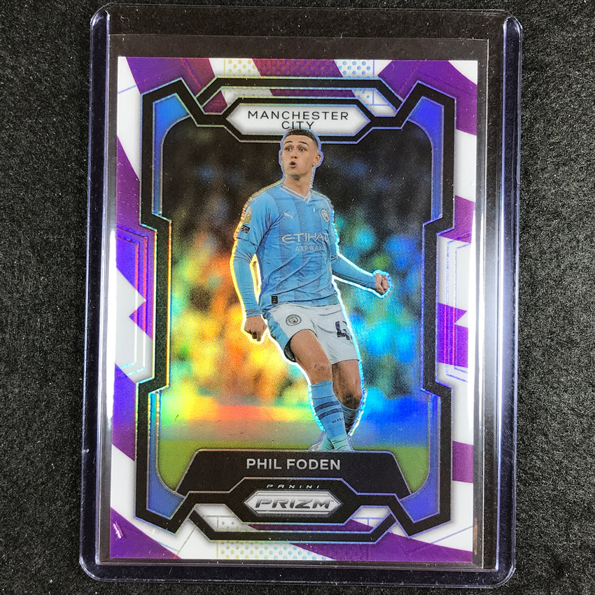 2023-24 Prizm Epl Phil Foden Base Purple And White Stripes 9/92 No 2