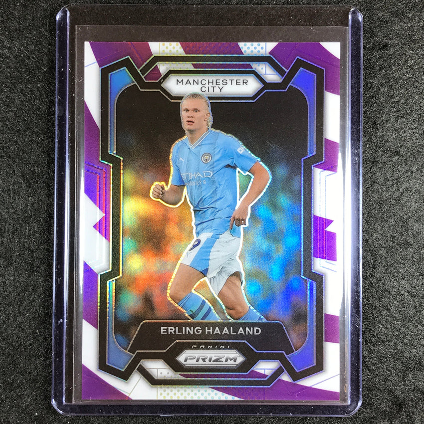 2023-24 Prizm Epl Erling Haaland Base Purple And White Stripes 80/92 No 3