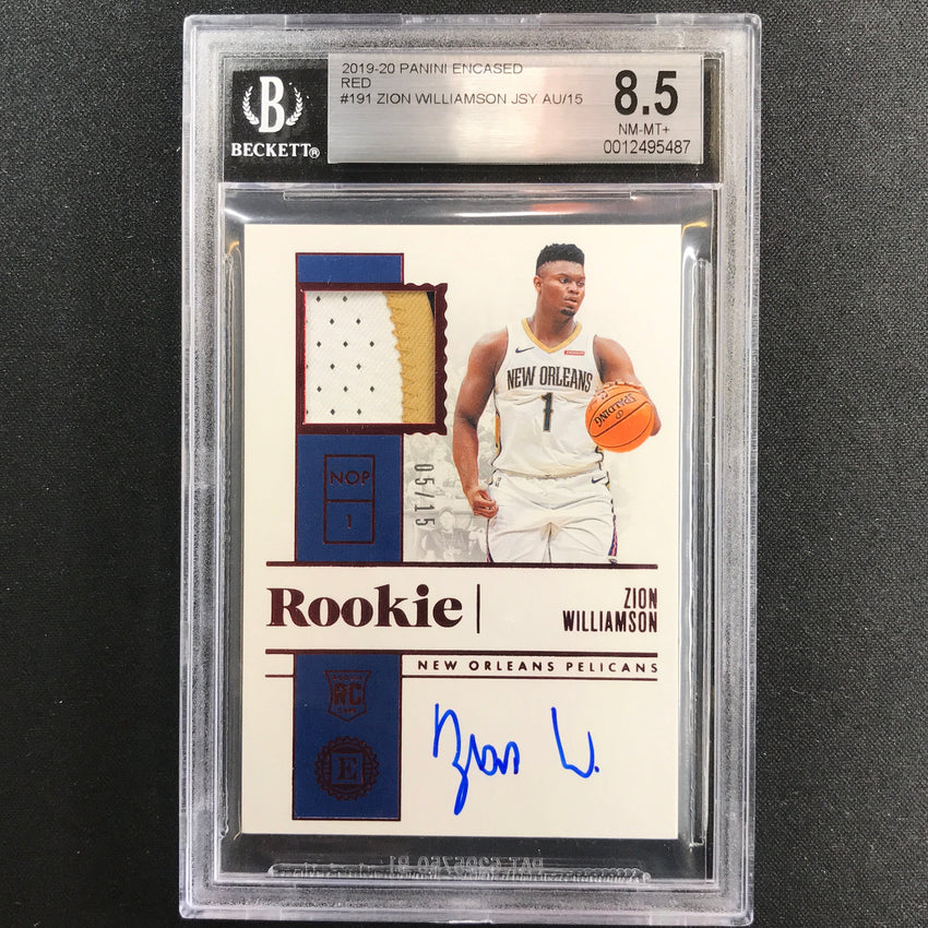 2019-20 Encased Zion Williamson Rookie Patch Auto Red 5/15 BGS 8.5