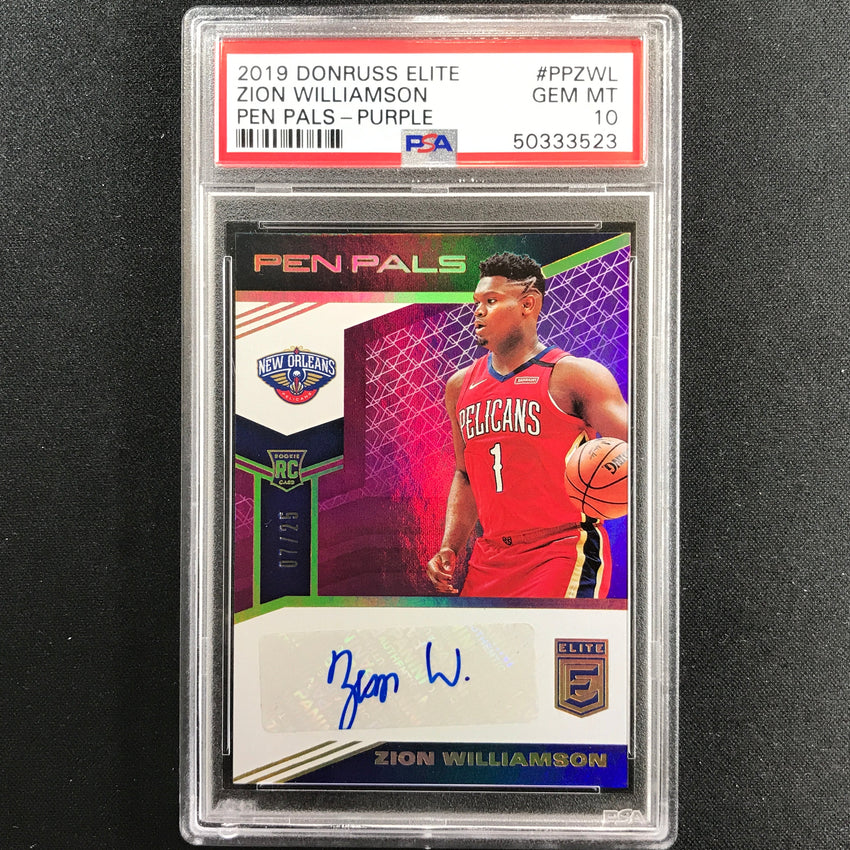 2019-20 Donruss Elite Zion Williamson Pen Pals Rookie Auto Purple 7/25 Psa 10