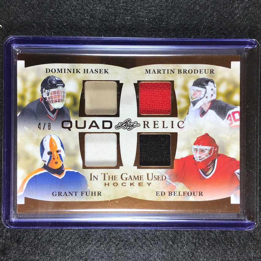 2022-23 In the Game Used NHL HASEK BRODEUR FUHR BELFOUR Quad Relic Bronze 4/8