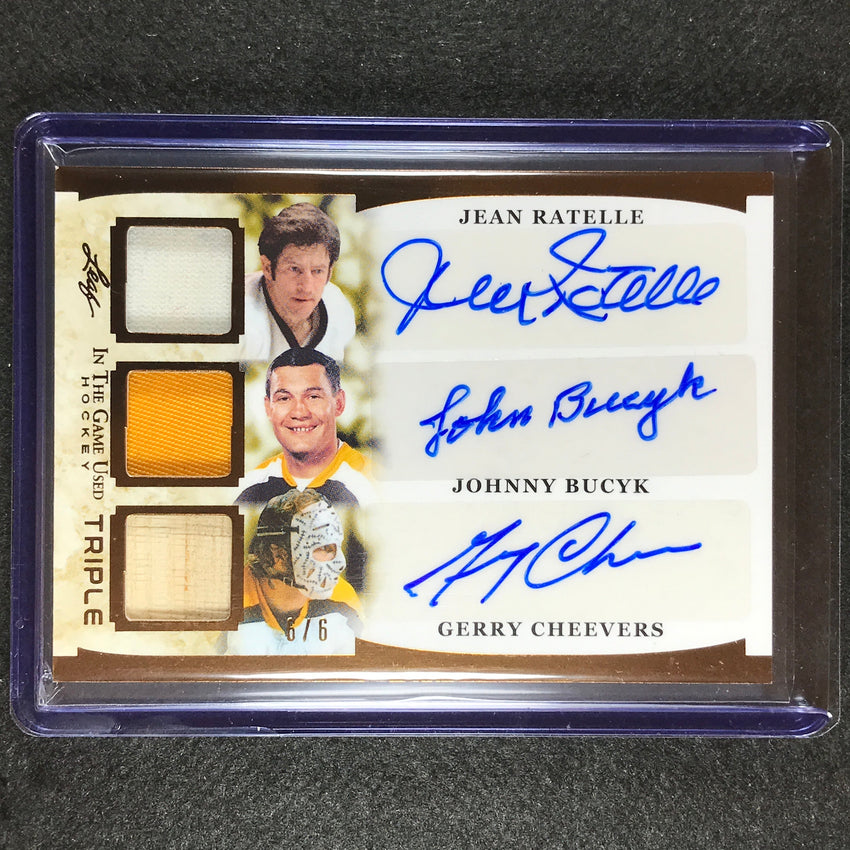 2022-23 In The Game Used Nhl Ratelle Bucyk Cheevers Triple Relic Auto Bronze 6/6