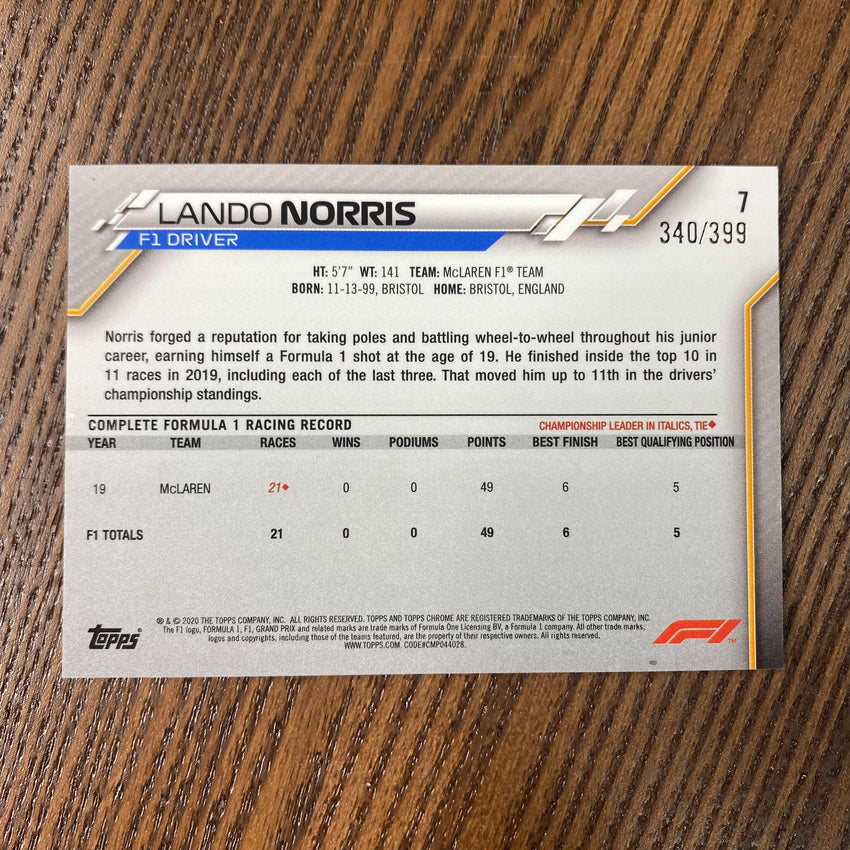 2020 Topps Chrome Lando Norris F1 Racers Rookie Purple 340/399