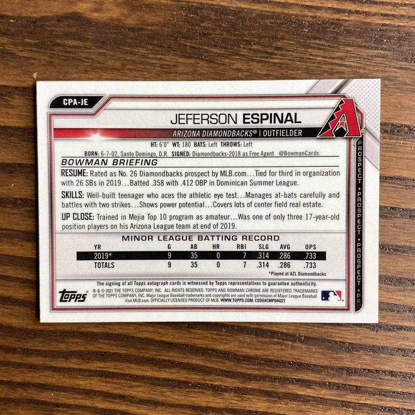 2021 Bowman Chrome Jeferson Espinal Prospect 1st Bowman Autograph Blue 133/150