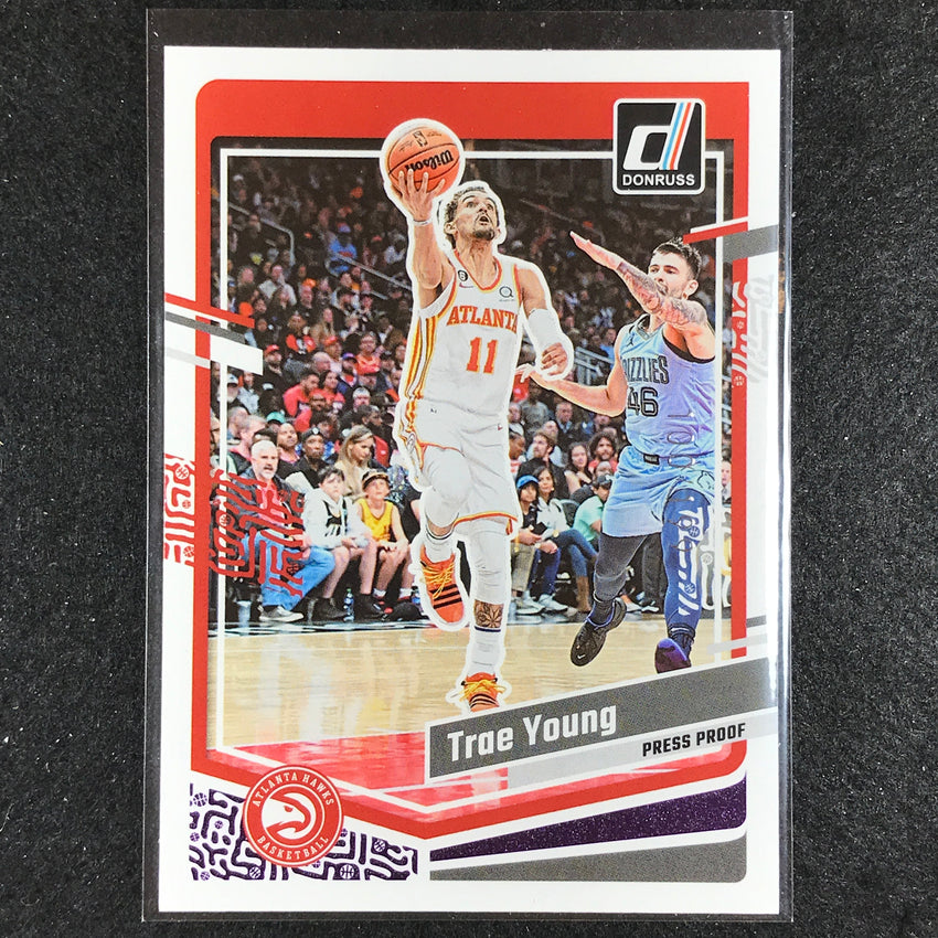 2023-24 Donruss Trae Young Base Purple Press Proof 100/199