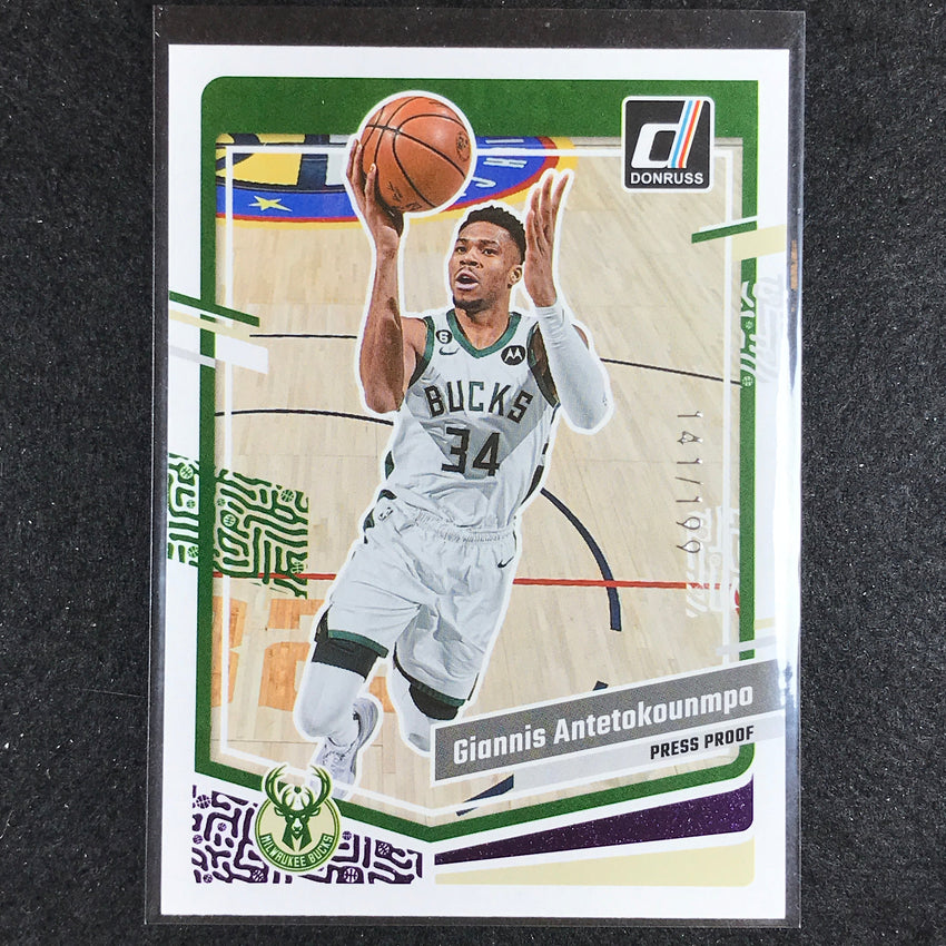 2023-24 Donruss Giannis Antetokounmpo Base Purple Press Proof 141/199