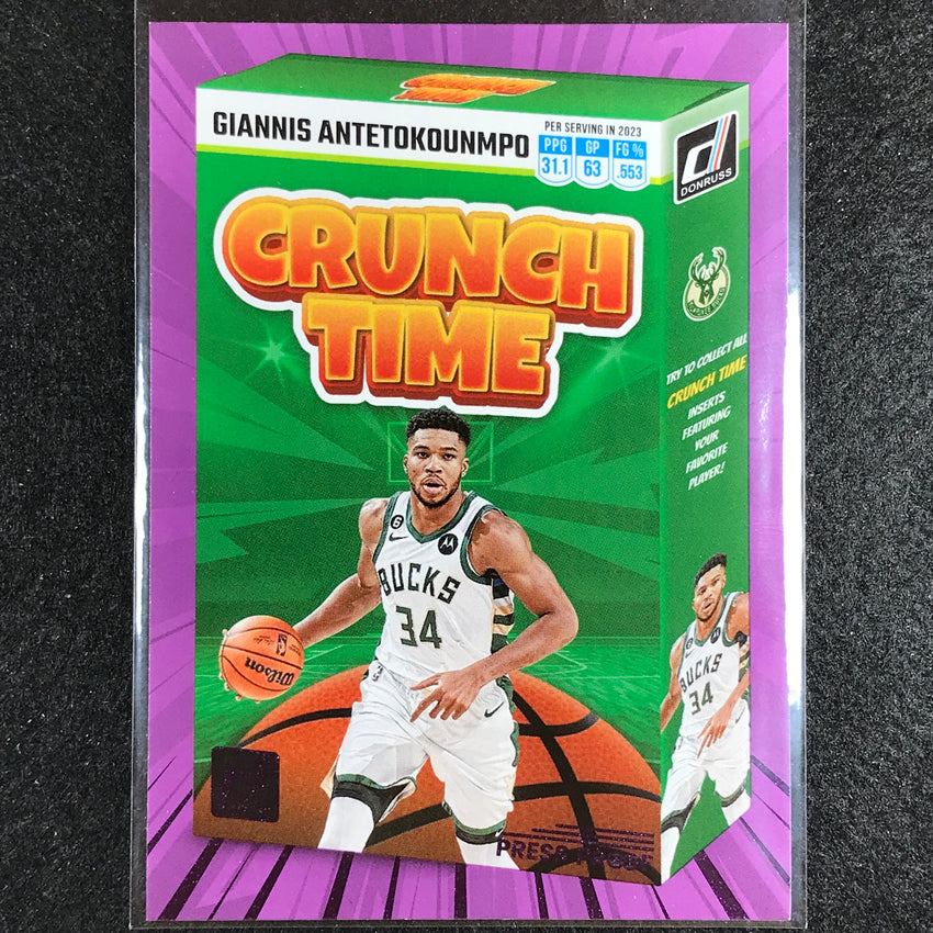 2023-24 Donruss Giannis Antetokounmpo Crunch Time Purple Press Proof No 15