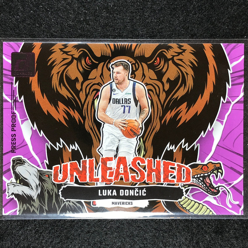 2023-24 Donruss Luka Doncic Unleashed Purple Press Proof No 15