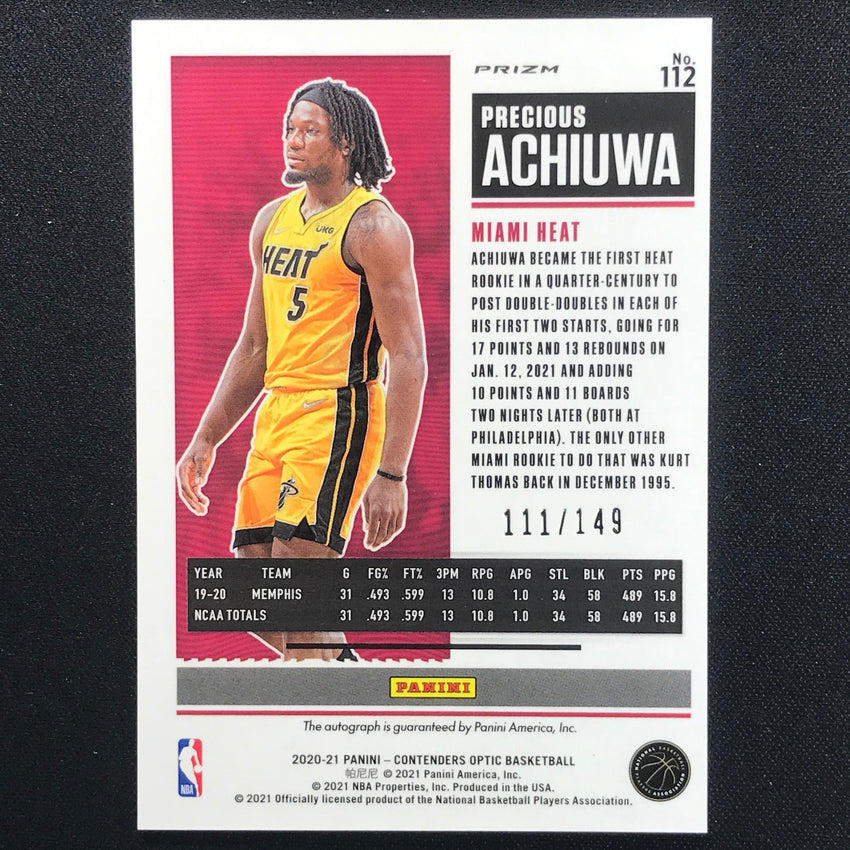 2020-21 Contenders Optic Precious Achiuwa Rookie Ticket Auto Red 111/149
