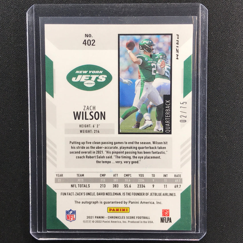 2021 Chronicles Zach Wilson Score Update Rookie Silver Prizm Auto 2/75