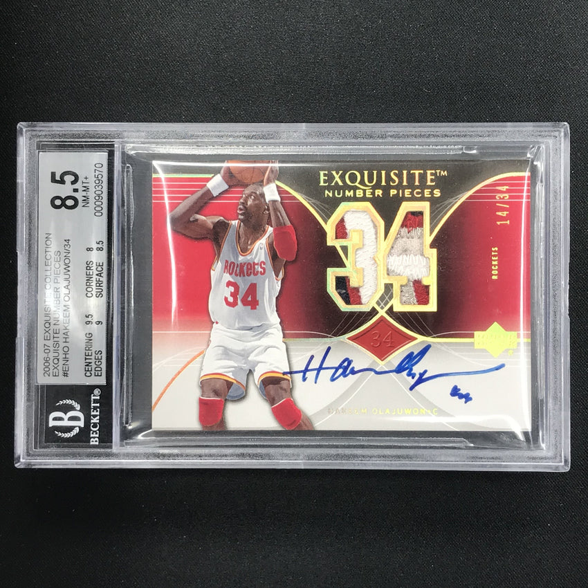 2006-07 Exquisite HAKEEM OLAJUWON Number Pieces Patch Auto 14/34 BGS 8.5/10-Cherry Collectables