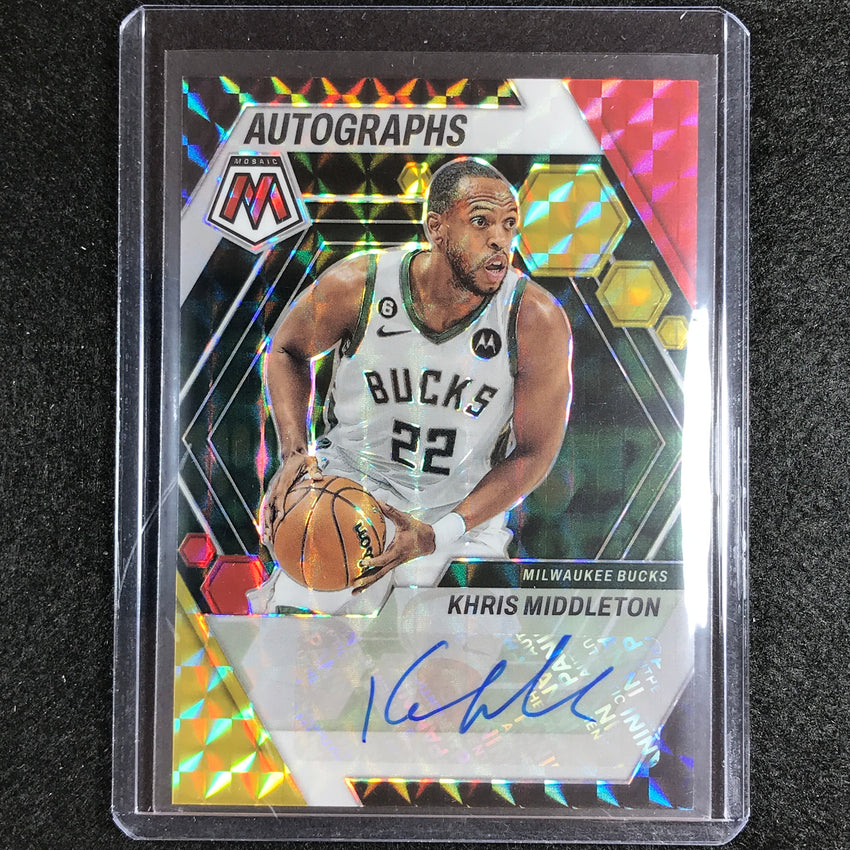 2022-23 Mosaic Khris Middleton Autographs Mosaic Choice Red And Yellow Auto No Mid