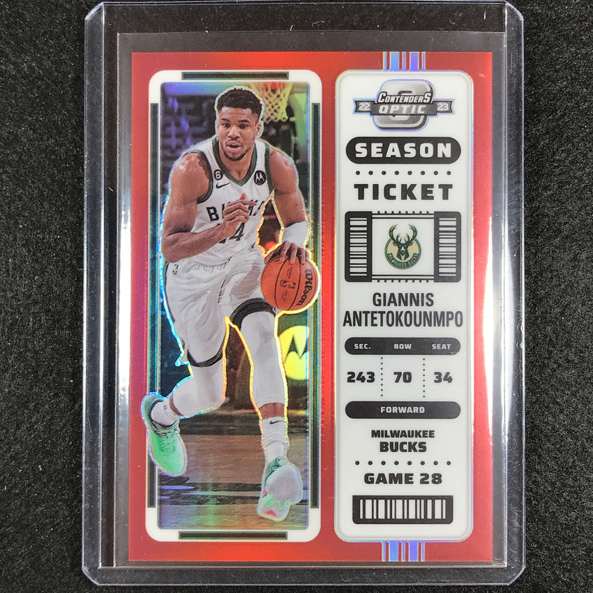 2022-23 Contenders Optic Giannis Antetokounmpo Season Ticket Red No 26