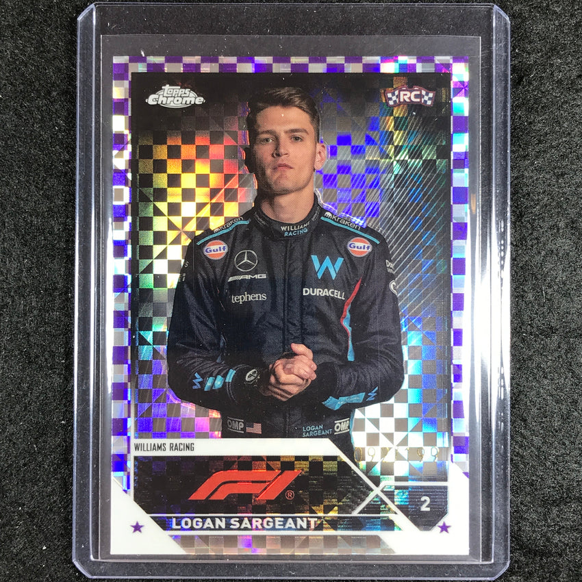 2023 Topps Chrome Formula 1 Logan Sargeant Rookie Purple Checker Flag 92/199 #64