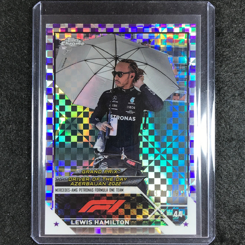 2023 Topps Chrome Formula 1 Lewis Hamilton Purple Checker Flag 137/199 #190