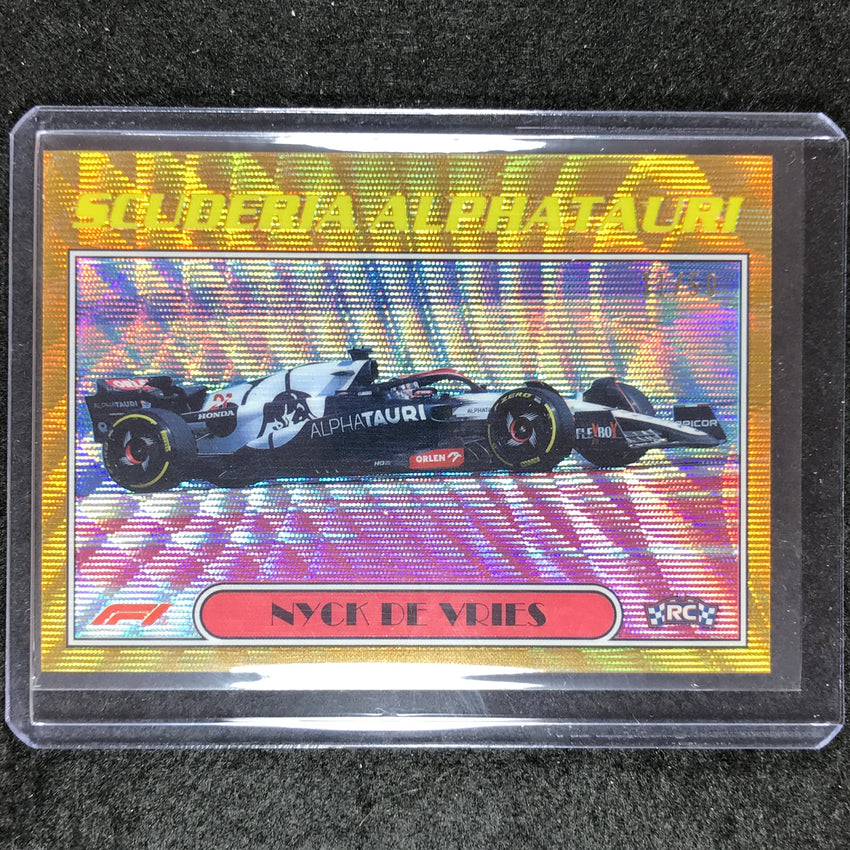 2023 Topps Chrome Formula 1 Nyck De Vries Rookie Autos Of 1977 Gold Wave 11/50