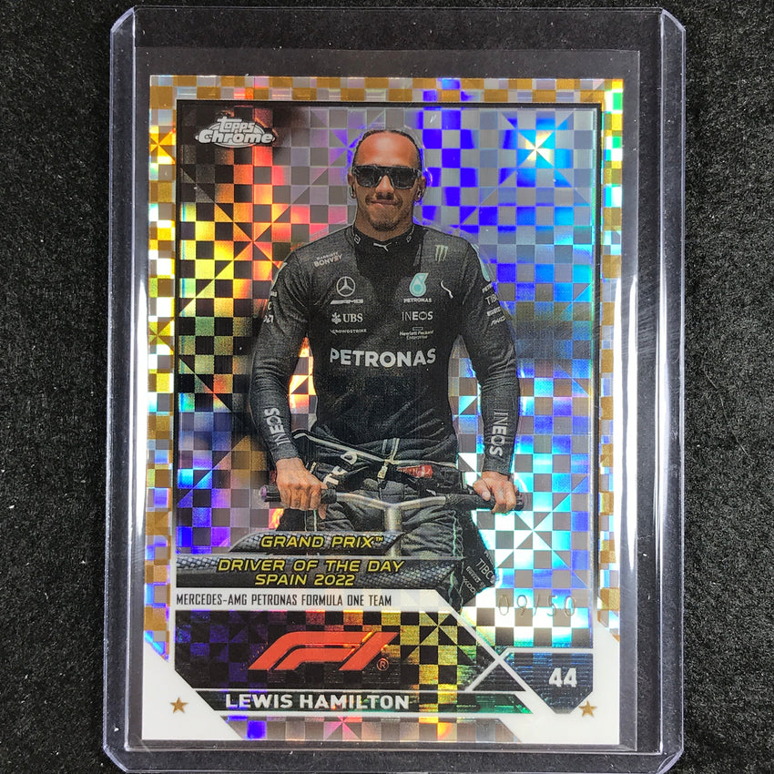 2023 Topps Chrome Formula 1 Lewis Hamilton Base Gold Checker Flag 9/50
